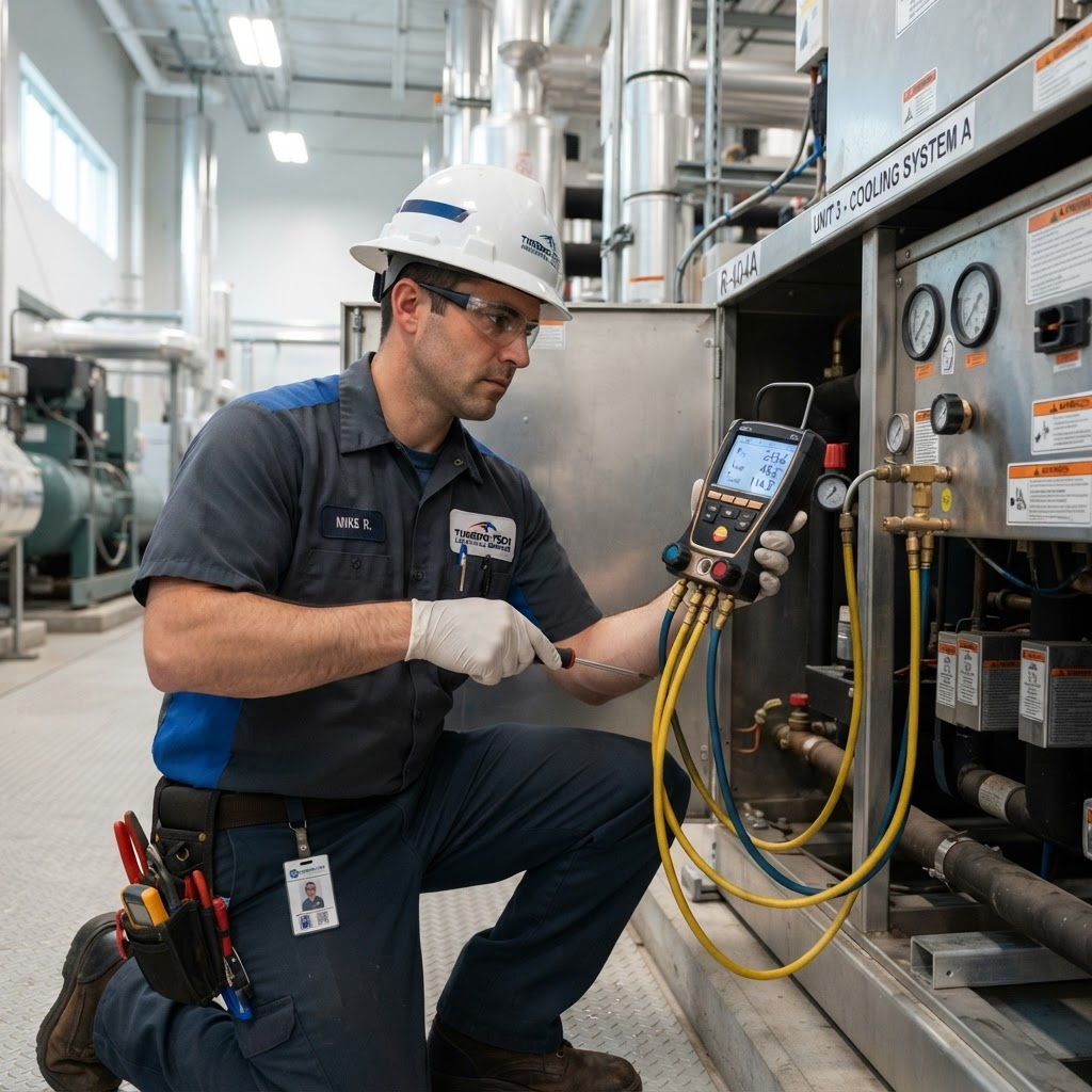 Técnico especializado da Meggercool a inspecionar um sistema de refrigeração industrial
