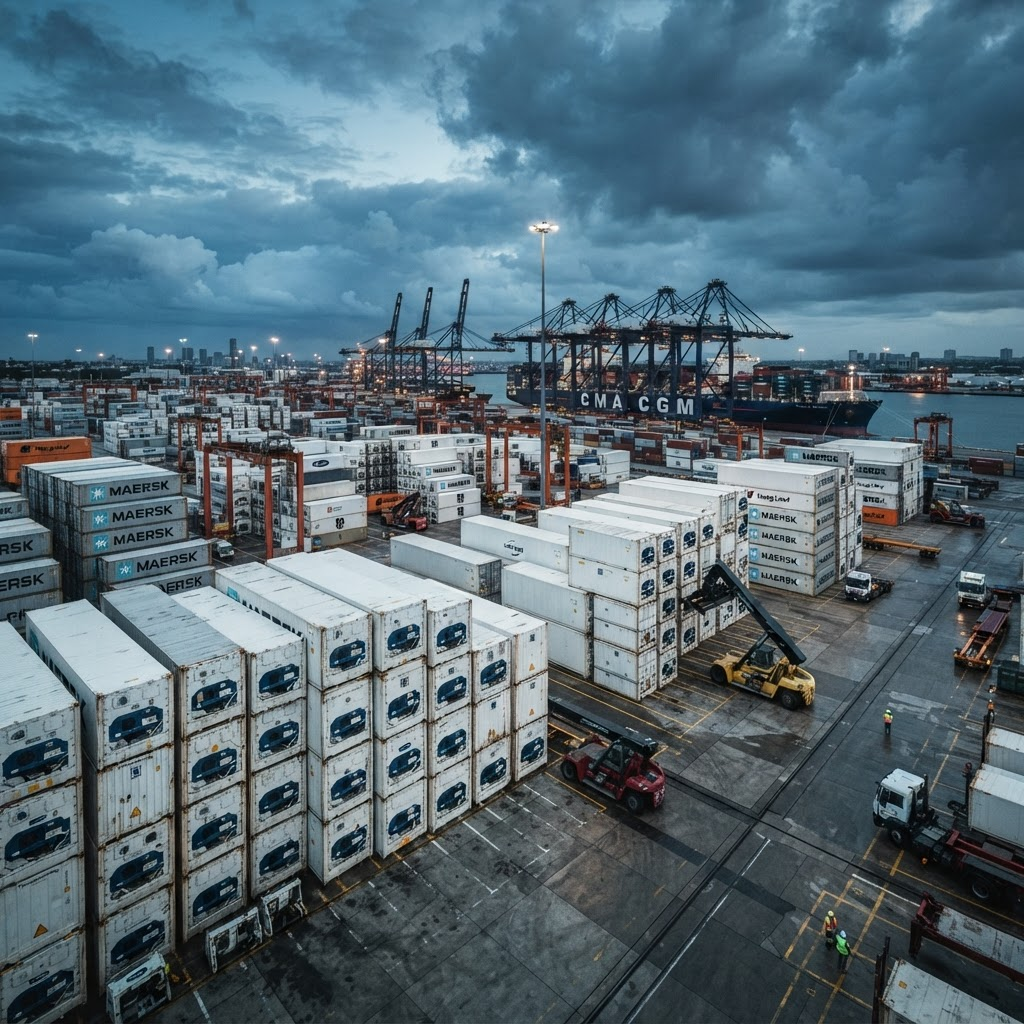 Contentores frigoríficos reefer empilhados num terminal portuário